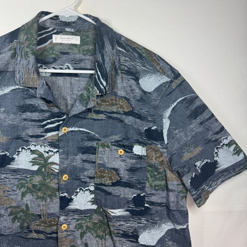 Lucky Brand Mens XL Linen Blend Tropical Island Palm Tree Short Sleeve Shirt